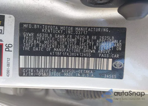 2017 Toyota Camry Le z USA, uszkodzony, nr VIN 4T1BF1FK3HU413455